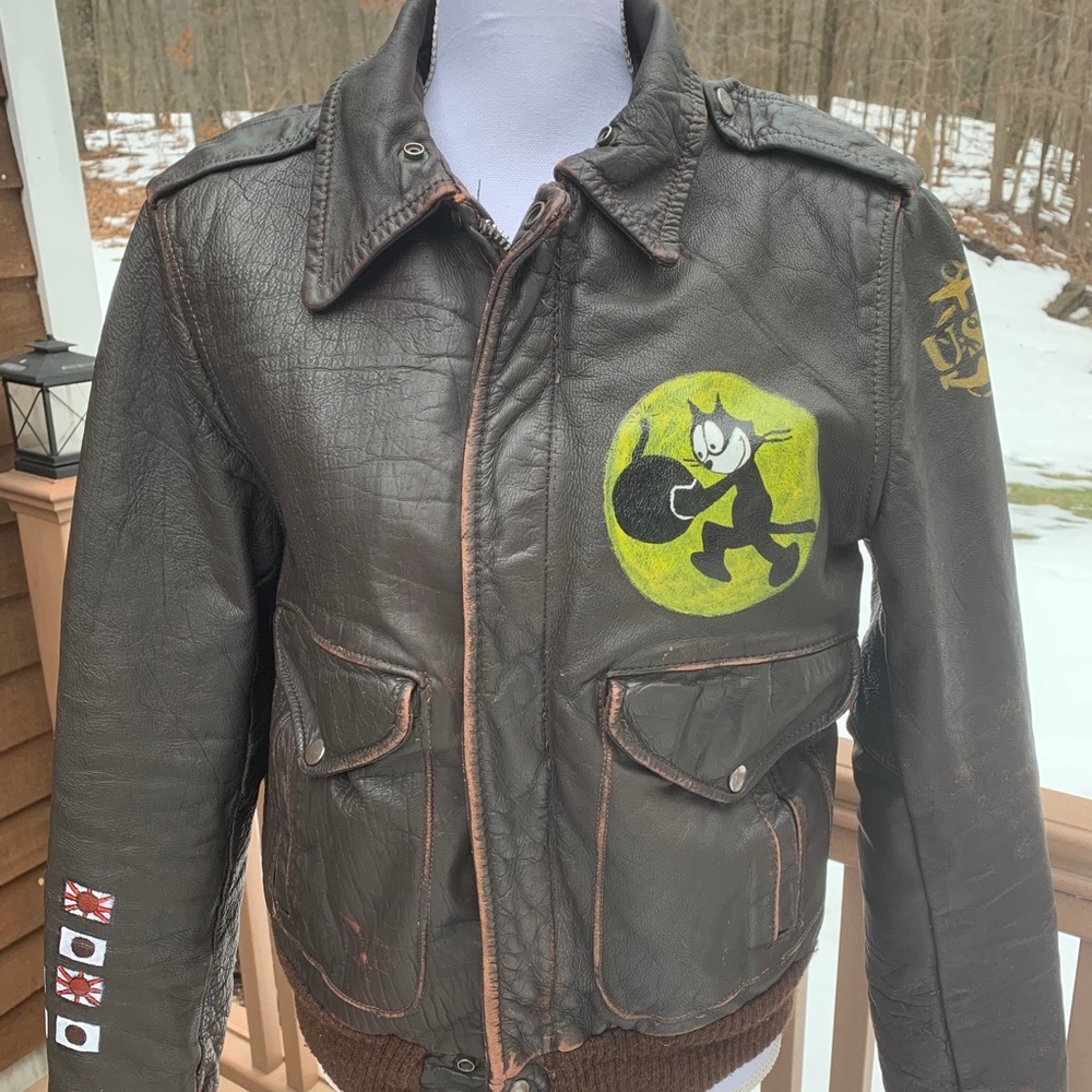 Painted USN FELIX The Cat A2 leather Jacket WWII